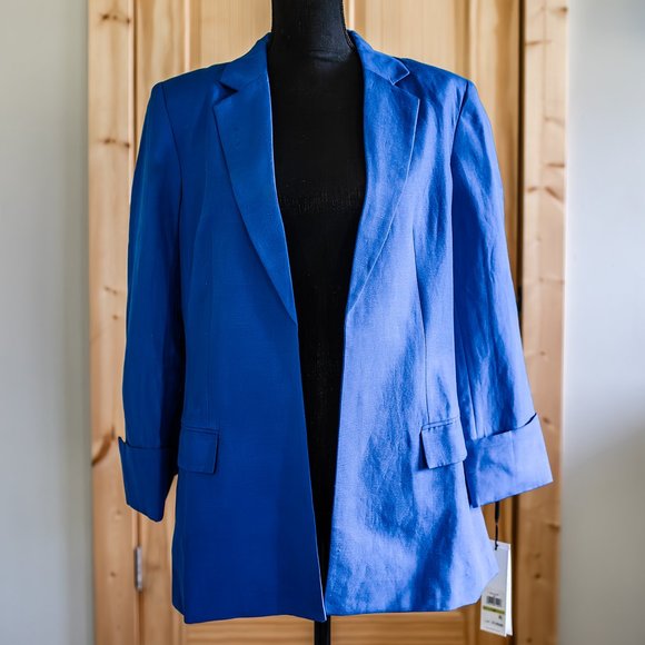 Calvin Klein Jackets & Blazers - NWT Calvin Klein Open Front Blazer Royal Blue Peak Collar Linen Blend Size 14